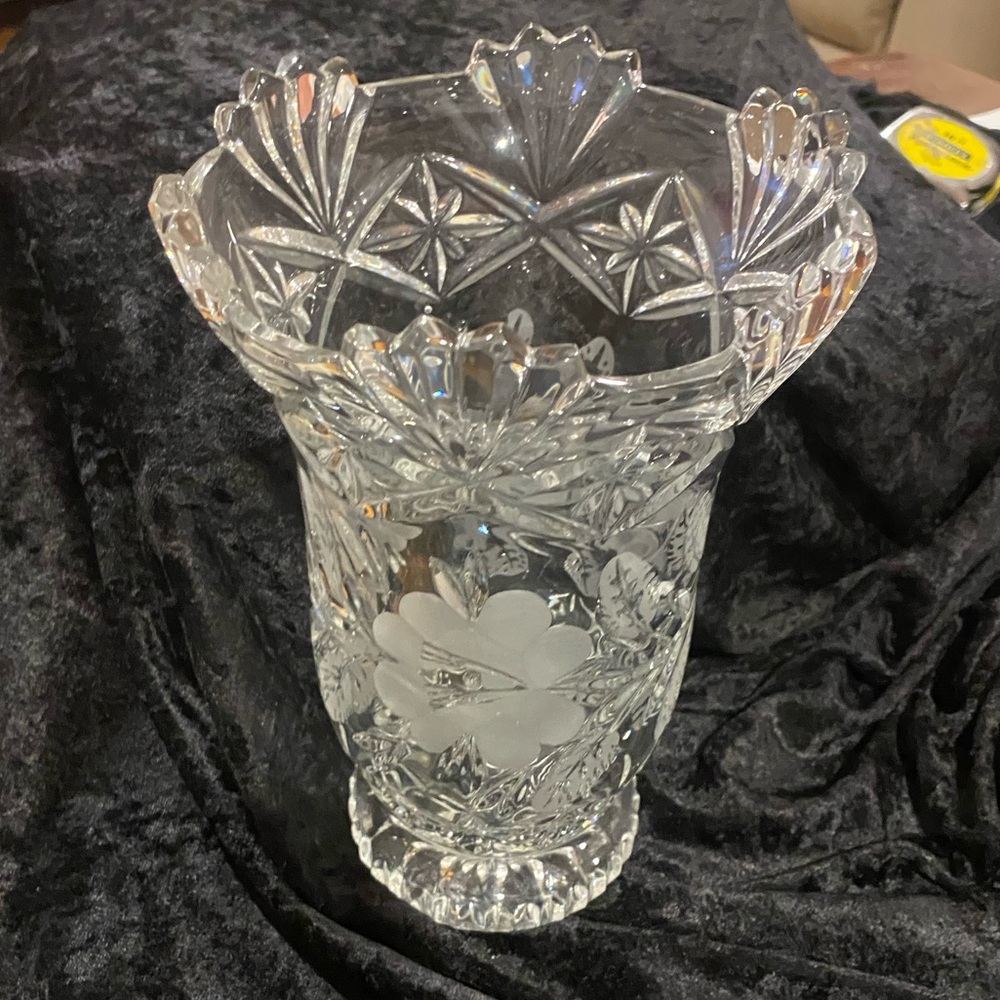 Cut Crystal Floral Etched Vase - Clear